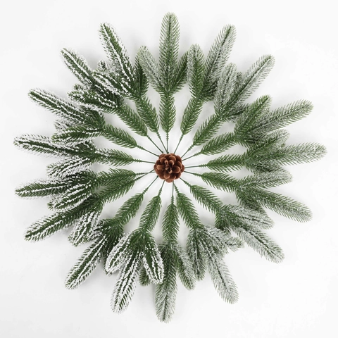 Artificial Pine Needle Branches Trident Plastic Realistic Snow Flocked For Christmas Wreath DIY Decoration Photo Props