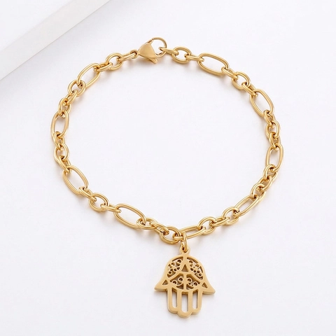 Hamsa Hand Bracelet Stainless Steel Hollow Fatima Hand Charm Figaro Link Chain Gold Plated Jewelry For Women
