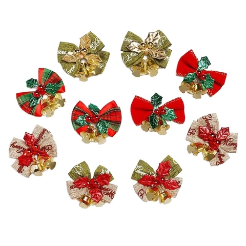 Mini Christmas Bows With Gold Bells And Green Leaves Red Green Plaid Ribbon For DIY Decoration Gift Wrap Holiday Ornaments