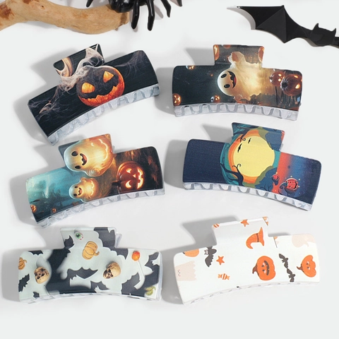 Halloween Hair Claw Clip Large Rectangular Acrylic Ghost Pumpkin Bat Skull Print Spooky Festive Hair Accessories For Women