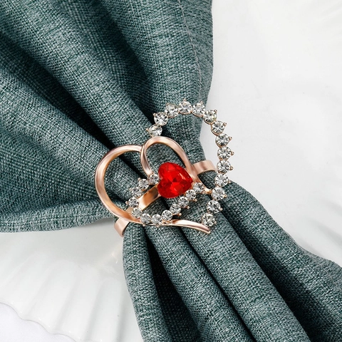 Fashion Alloy Rhinestone Double Heart Napkin Ring Rose Gold Red Gem Napkin Buckle For Valentine's Day Wedding Dining Table Decor