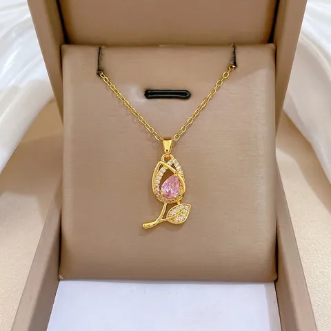 Tulp Bloem Hanger Ketting Roestvrijstalen Ketting Koper Roze Zirkoon Elegante Fonkelende Sleutelbeen Sieraden Voor Vrouwen