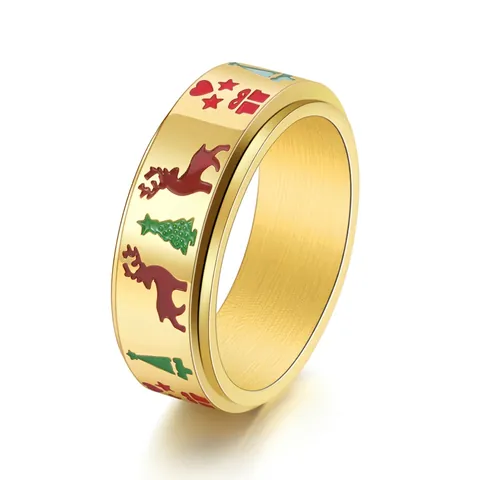 Rotierender Weihnachts Fidget Ring Edelstahl Rentier Baum Stern Emaille Muster Stressabbau Band Unisex