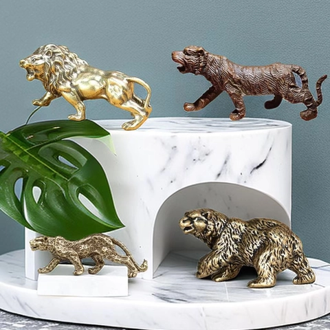 Statuette Animali Retro Lega Ramata Leone Leopardo Orso Cocodrillo Statua Miniatura Decorazione Scrivania Vintage