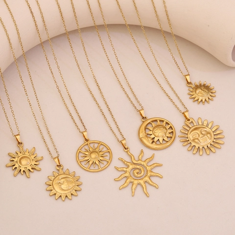 Sun Moon Face Pendant Necklace Stainless Steel Gold Plated Celestial Unique Clavicle Chain Jewelry For Women