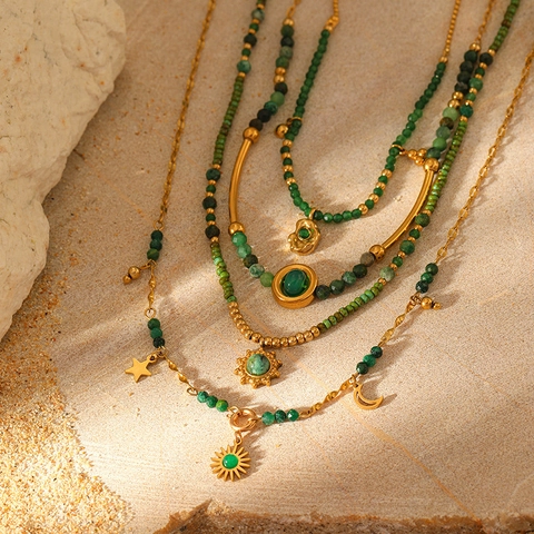 Bohemian 304 Stainless Steel Green Natural Stone Beaded Necklace Star Moon Sun Pendant Gold Plated Fashion Jewelry For Women