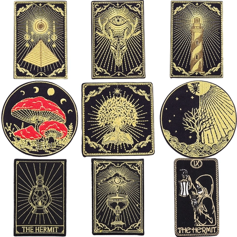 Mystische Tarotkarten Stickerei Aufnäher Goldfaden Bügelbilder Für Jacken Hüte Taschen Pilz Sonne Mond Dekor