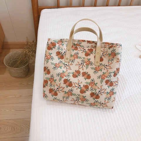 Vintage Floral Corduroy Tote Bag Με Δερμάτινες Λαβές Φερμουάρ Πυκνό Λογοτεχνικό Στυλ Τσάντα Χειρός Για Γυναίκες