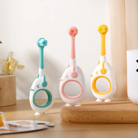 Children Toothbrush Ultra Soft Bristles Suction Cup Base Cartoon Duck Penguin Shape Training Handle Infant Toddler Oral Care