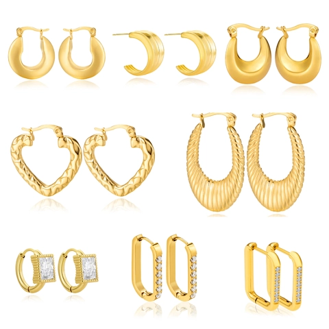 Edelstahl Gold Reifen Ohrringe Für Frauen Hip Hop Geometrische Croissant Bambus Herz Huggie Ohrringe Zirkonia Vintage