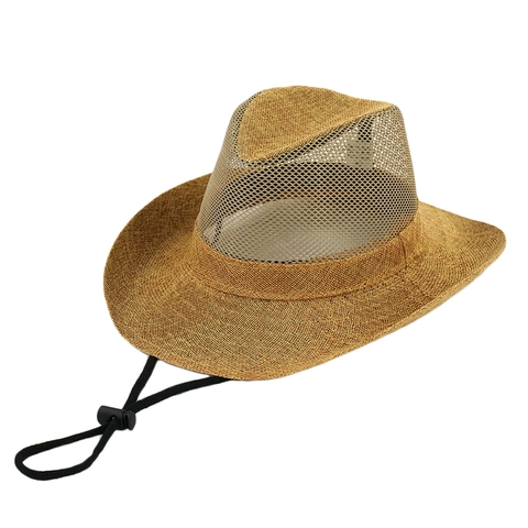 Men Western Cowboy Hat Breathable Mesh Woven Wide Brim Sun Protection Adjustable Drawstring Outdoor Summer