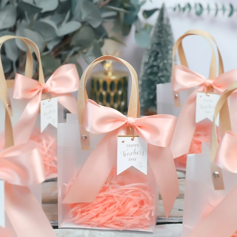 Frosted Transparent PVC Gift Bags With Satin Ribbon Bow And Raffia For Wedding Birthday Party Handbags With Tags
