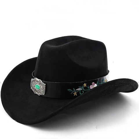 Cappello Da Cowboy Western Scamosciato Poliestere Tesa Larga Retrò Etnico Con Ricamo Floreale E Fibbia Gemma Turchese