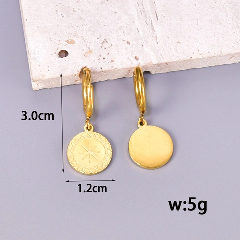 Titanium Steel Coin Hoop Earrings 18K Gold Plated Sunburst Compass Star Round Pendant Minimalist Jewelry For Women