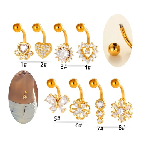 Stainless Steel Copper Cubic Zirconia Belly Button Ring Dangle Heart Butterfly Flower Navel Piercing Jewelry For Women