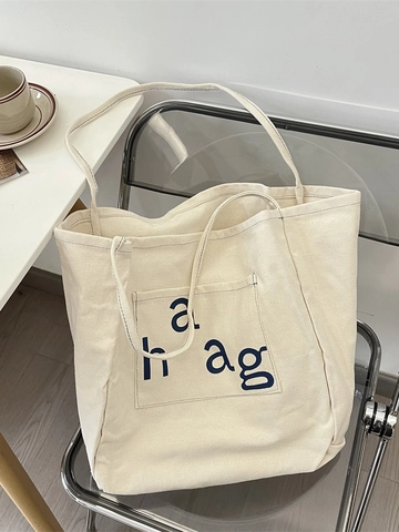 Large Capacity Canvas Tote Bag Cream White Letter Print Shoulder Handbag Casual Commuting Korean Style For Women