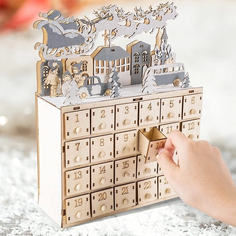 Wooden Christmas Advent Calendar Multiple Drawers Countdown Ornament Santa Claus Sleigh Reindeer LED Light Up Home Decor