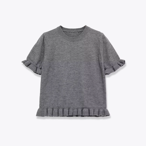 Top De Punto De Manga Corta Para Mujer Dobladillo Con Volantes Cuello Redondo Color Sólido Elegante Suéter De Poliéster