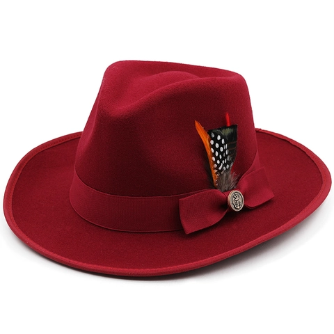 Cappello Fedora Classico Decorazione Piume Distintivo Metallo Tesa Larga Feltro Retro Jazz Berretto Per Uomo Donna