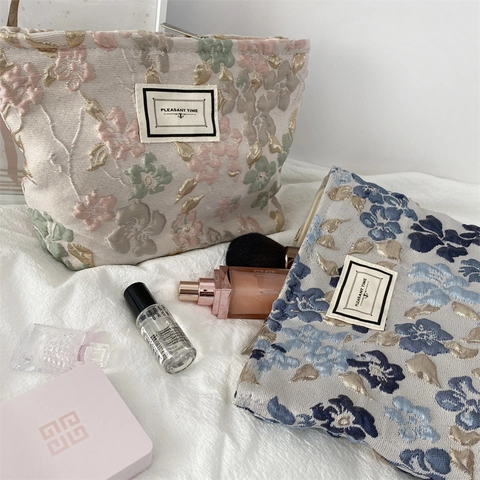 Retro Franse Florale Jacquard Cosmetische Tas Elegante Dames Handheld Clutch Met Metalen Rits Make-Up Organizer