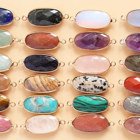Oval Faceted Natural Crystal Stone Connectors With Gold Plated Copper Edge Double Loops DIY Jewelry Making