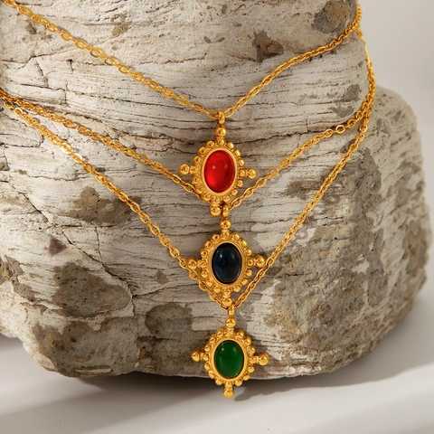 Collana Ciondolo Retrò Acciaio Inossidabile Gemma Artificiale Ovale Perlato Stile Francese Gioielli Donna Elegante