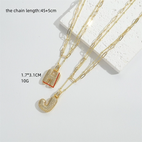 Collier Pendentif Cuivre Zircon Initial Bouffant Double Couche Chaîne Trombone Bijoux Tendances Femmes