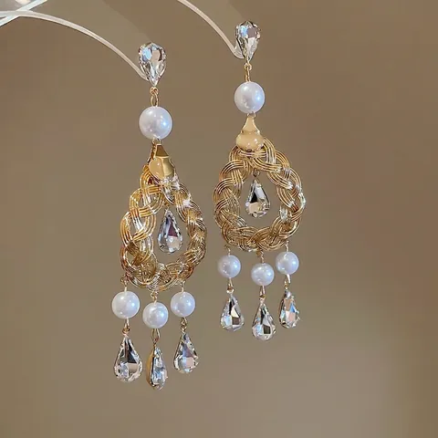 Pendientes De Gota Vintage Franceses Con Poste De Plata De Ley 925 Cobre Hueco Tejido Perla Artificial Cristal De Gota Para Mujer