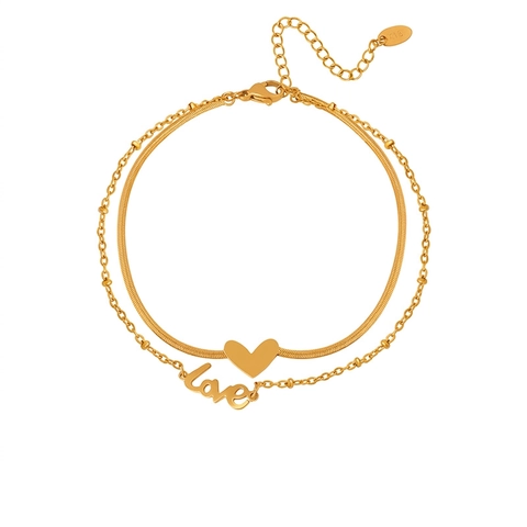 Titanium Steel Double Layer Anklet Heart Love Pendants Gold Plated Snake Bead Chain Adjustable Fashion Foot Jewelry Women