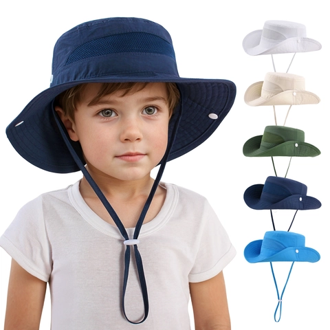 Kids Outdoor Sun Hat Polyester Mesh Breathable Bucket Hat Wide Brim Adjustable Windproof Drawstring UV Protection