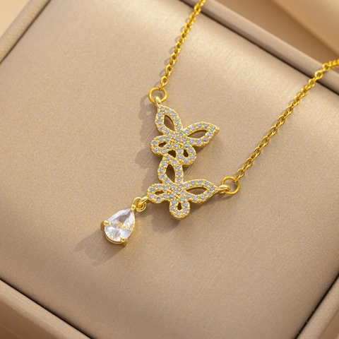 Collar Con Colgante De Doble Mariposa De Acero Inoxidable Con Circón Gota De Agua Joyería Elegante Minimalista Para Mujer