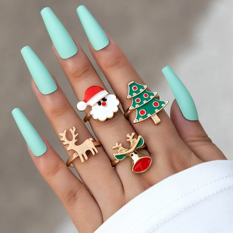 Christmas Rings Enamel Oil Drop Santa Claus Reindeer Tree Beads Jewelry Festive Party Cute Alloy Adjustable For Women