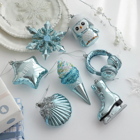 Ornements Suspendus Arbre De Noël Bleu Argent Paillettes Étoile Flocon De Neige Renne Pingouin Glace Décor Fête Festive