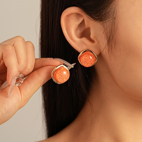 Vintage Square Geometric Stud Earrings Alloy Resin With 925 Sterling Silver Earring Post Crackle Texture Women Fashion