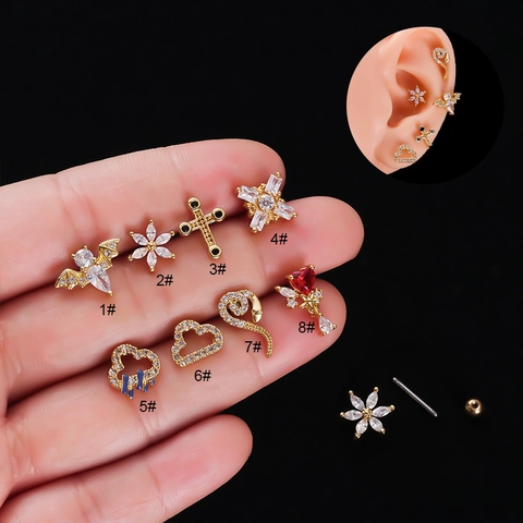 Ear Cartilage Stud Helix Piercing Jewelry Stainless Steel Screw Back Zircon Inlaid Copper Flower Heart Star Designs