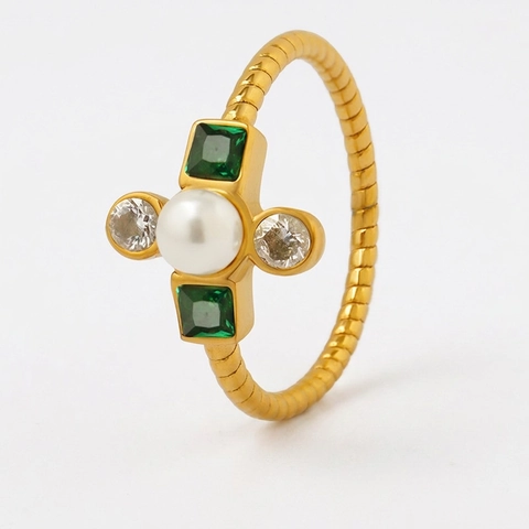Vintage Ring Titanium Staal Namaak Kunstparel Smaragdgroene Zirkoon Strass Gedraaide Touwband Kruisvorm Licht Luxe Vrouwen