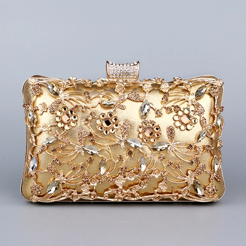 Luxury Rhinestone Evening Clutch Bag For Women Hollow Out Floral Metal Banquet Handbag Wedding Party Purse With Chain