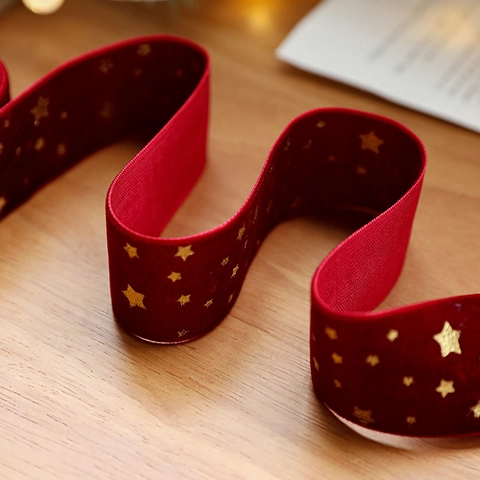 Christmas Velvet Ribbon Gold Foil Merry Christmas Stars Patterns For Xmas Tree Decoration Gift Wrapping DIY Crafts