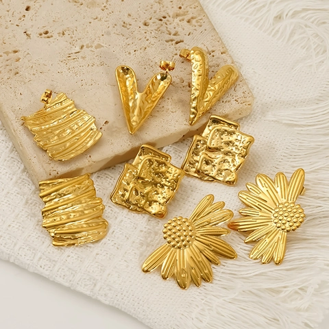 18K Gold Plated 304 Stainless Steel Earrings Irregular Wrinkled Geometric Daisy Flower Waterproof Hypoallergenic Women