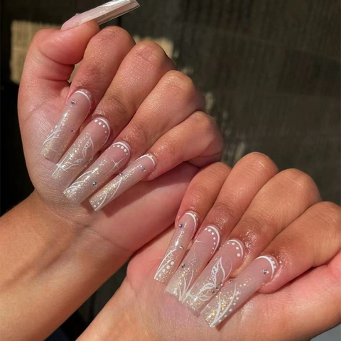 Press On Nails Lange Coffin Kunstnagels Met Vlindermateriaal Strass Glitter Nude Roze Voor Dames