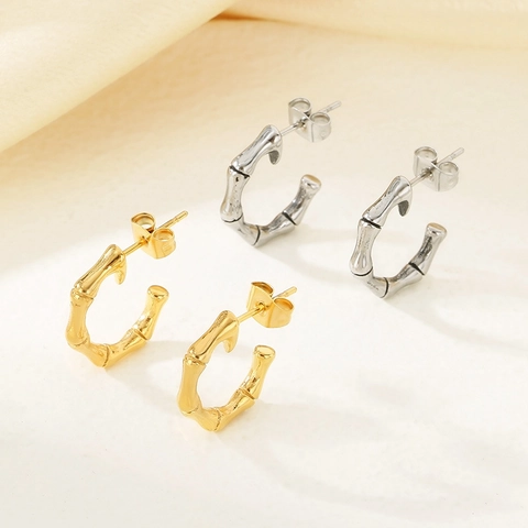 Minimalist Bamboo Joint C-Shaped Hoop Stud Earrings High Grade Stainless Steel Geometric Jewelry For Women