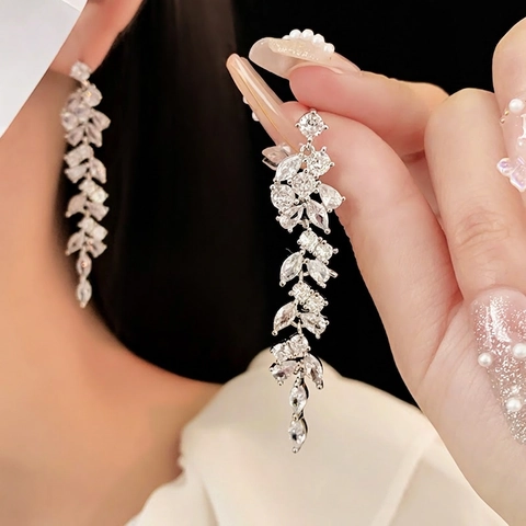 Luxury Long Zirconia Branch Water Drop Dangle Earrings For Women Silver Plated Copper Elegant Tassel Wedding Party Jewelry