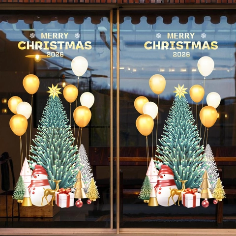 Christmas Window Stickers PVC Static Cling Double Sided Color Snowman Reindeer Tree Decor For Shop Glass Display Reusable