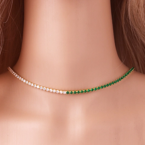 Collana In Zircone Verde Smeraldo E Chiaro Bicolore Placcata Oro 18K Ottone Catena Da Tennis Gioielli Retro Per Donne