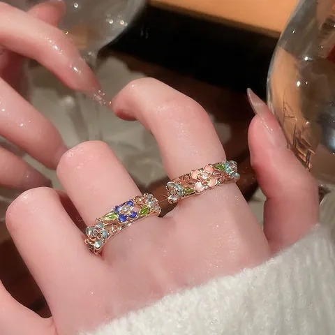 Anello Aperto Fiore Rame Placcato Oro Smalto Colorato Zircone Gioielli Regolabili Per Donne Vintage Elegante