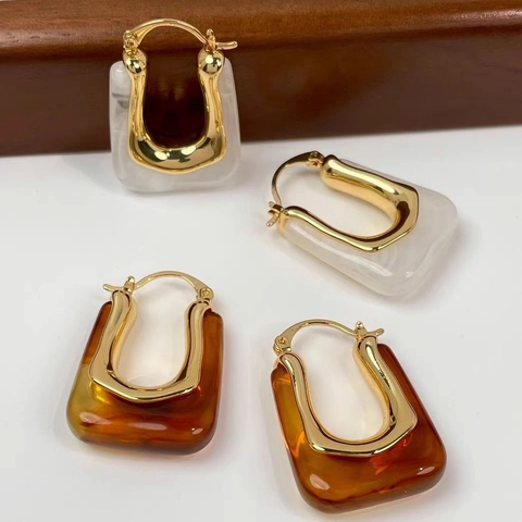 Orecchini A Cerchio Retrò A Forma Di U Per Donna Rame Con Placcatura In Oro 18K Resina Trama Marmo Ambra Gioielli Moda