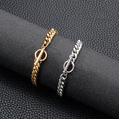Cuban Link Bracelet Stainless Steel Toggle Clasp Polished Minimalist Hip Hop Punk Streetwear Jewelry For Men