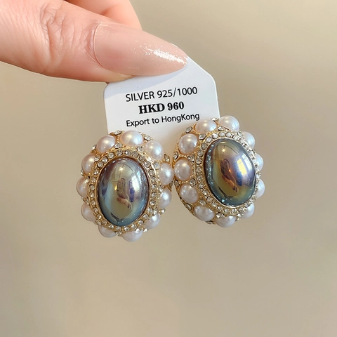 Boucles Puces Ovales Style Palais Vintage Alliage Strass Künstliche Perle Imitation Et Tige Argent Sterling 925 Pour Femme