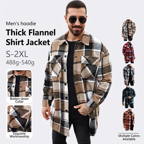 Men Retro Plaid Flannel Shacket Jacket Long Sleeve Button Down Double Chest Pockets Casual Relaxed Fit Outerwear