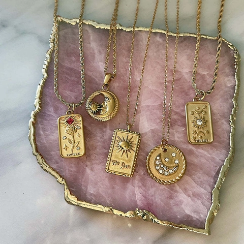 Collana Con Ciondolo Carta Tarocchi Placcata Oro 18K Acciaio Inossidabile Sole Luna Stella Gioielli Rilievo Vintage Donna